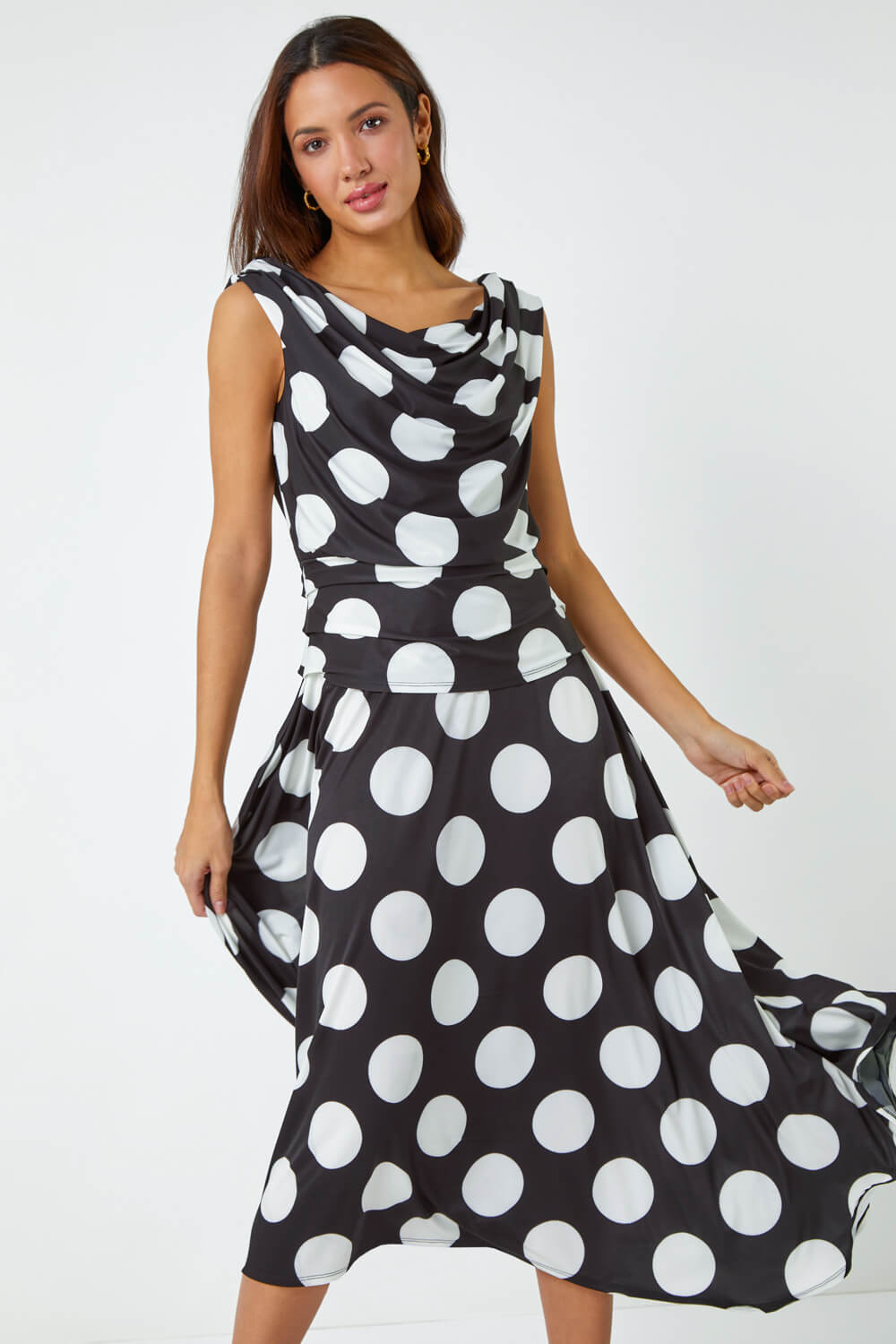 Black Spot Print Cowl Neck Ruched Midi Dress, Image 4 of 5