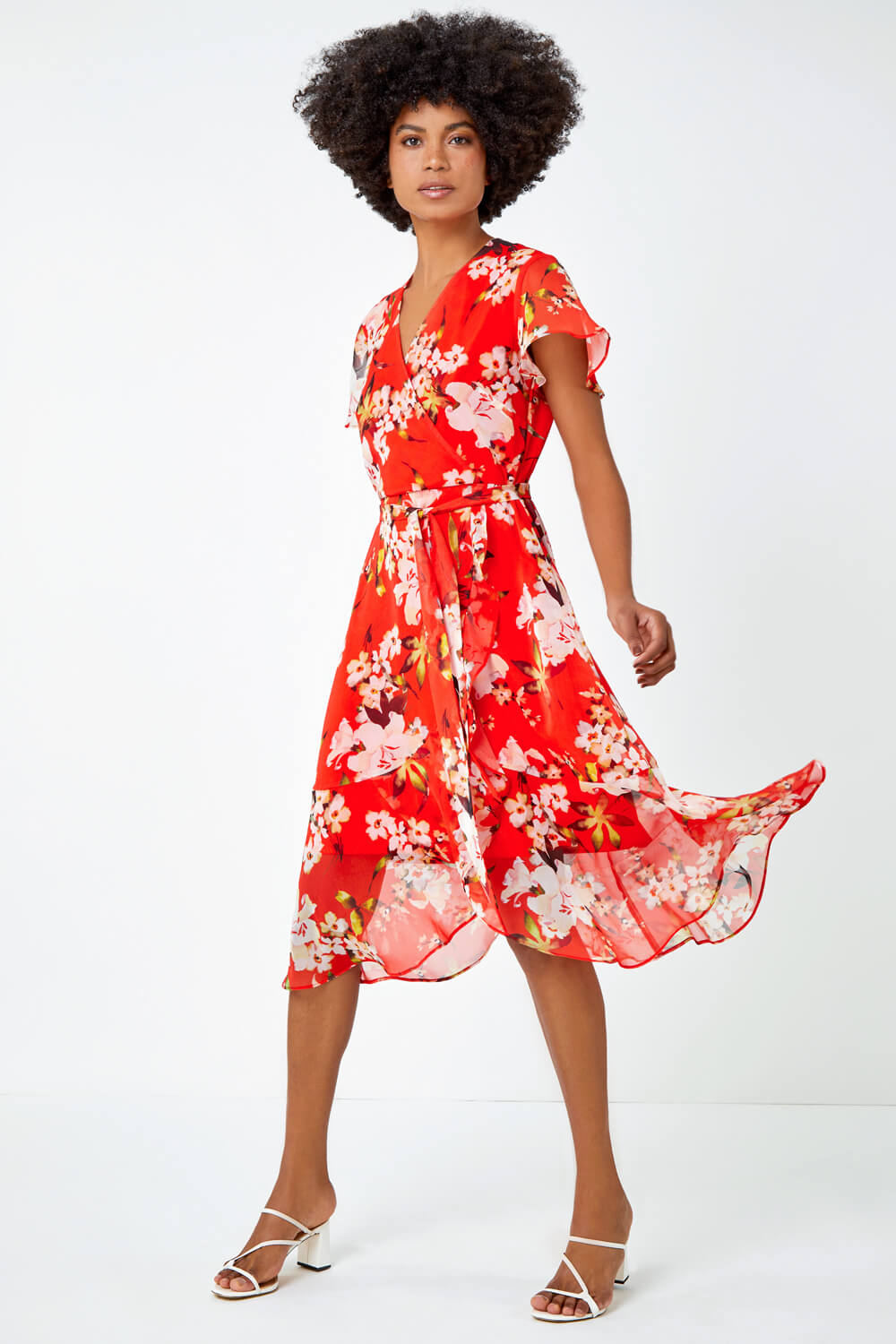 Red Floral Print Chiffon Wrap Dress , Image 2 of 6