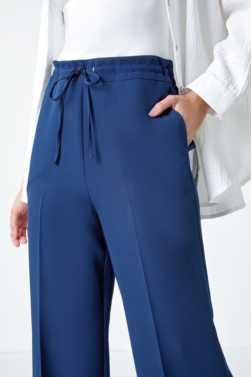 Navy  Wide Leg Tie Front Stretch Trouser, Image 5 of 5