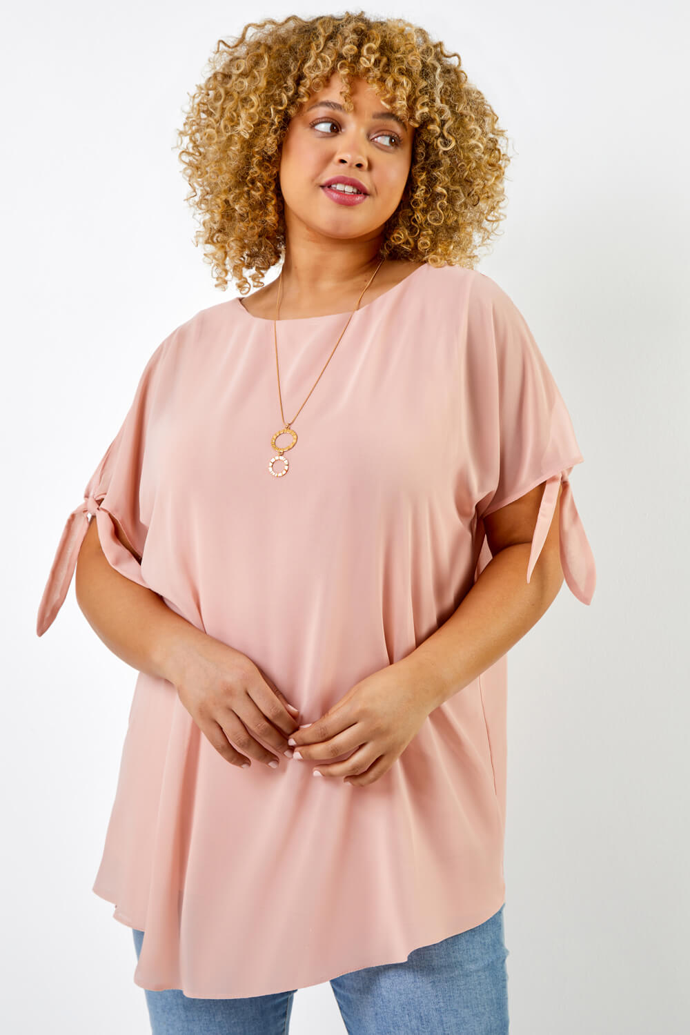 Curve Chiffon Overlay Top With Necklace