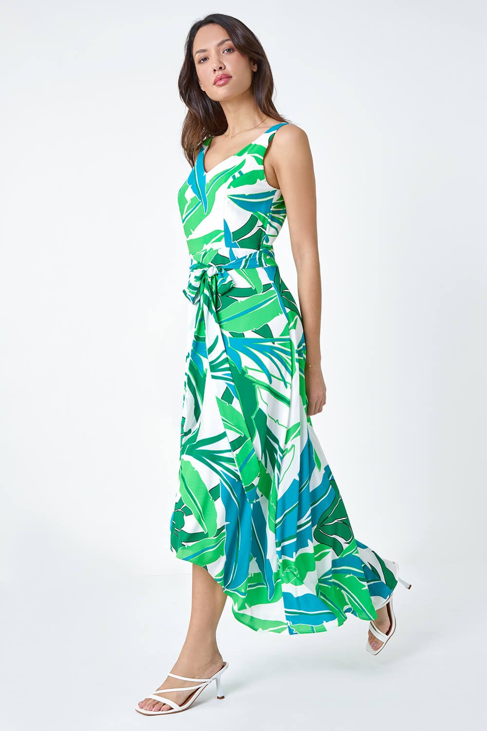 Green Sleeveless Palm Print High Low Maxi Dress, Image 2 of 5