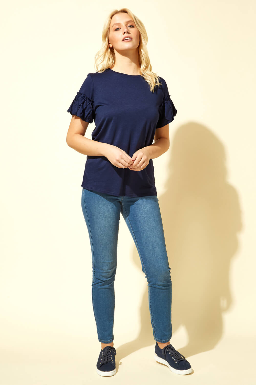 Navy  Frill Puff Sleeve T-Shirt, Image 2 of 4
