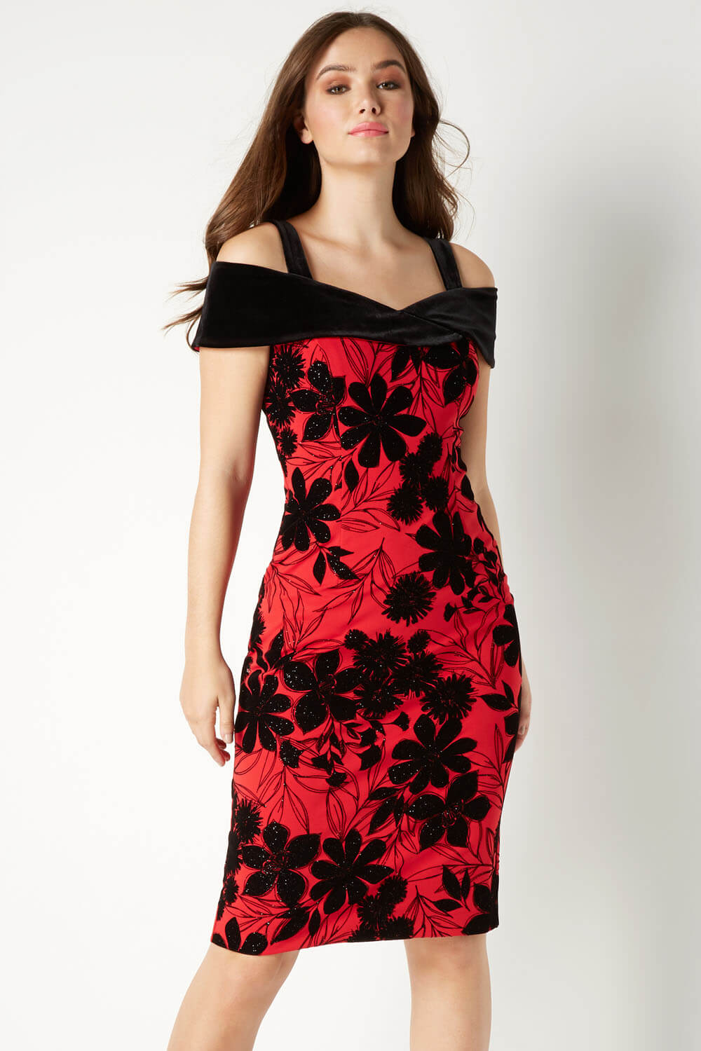 Red Floral Flock Cold Shoulder Dress, Image 2 of 5