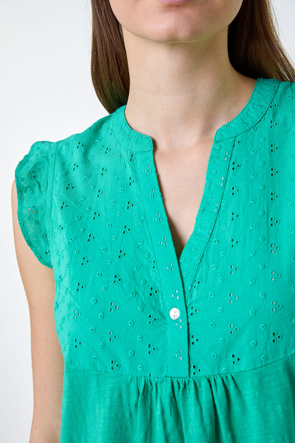 Jade Embroidered Frill Cotton Blend V-Neck Vest Top, Image 5 of 5