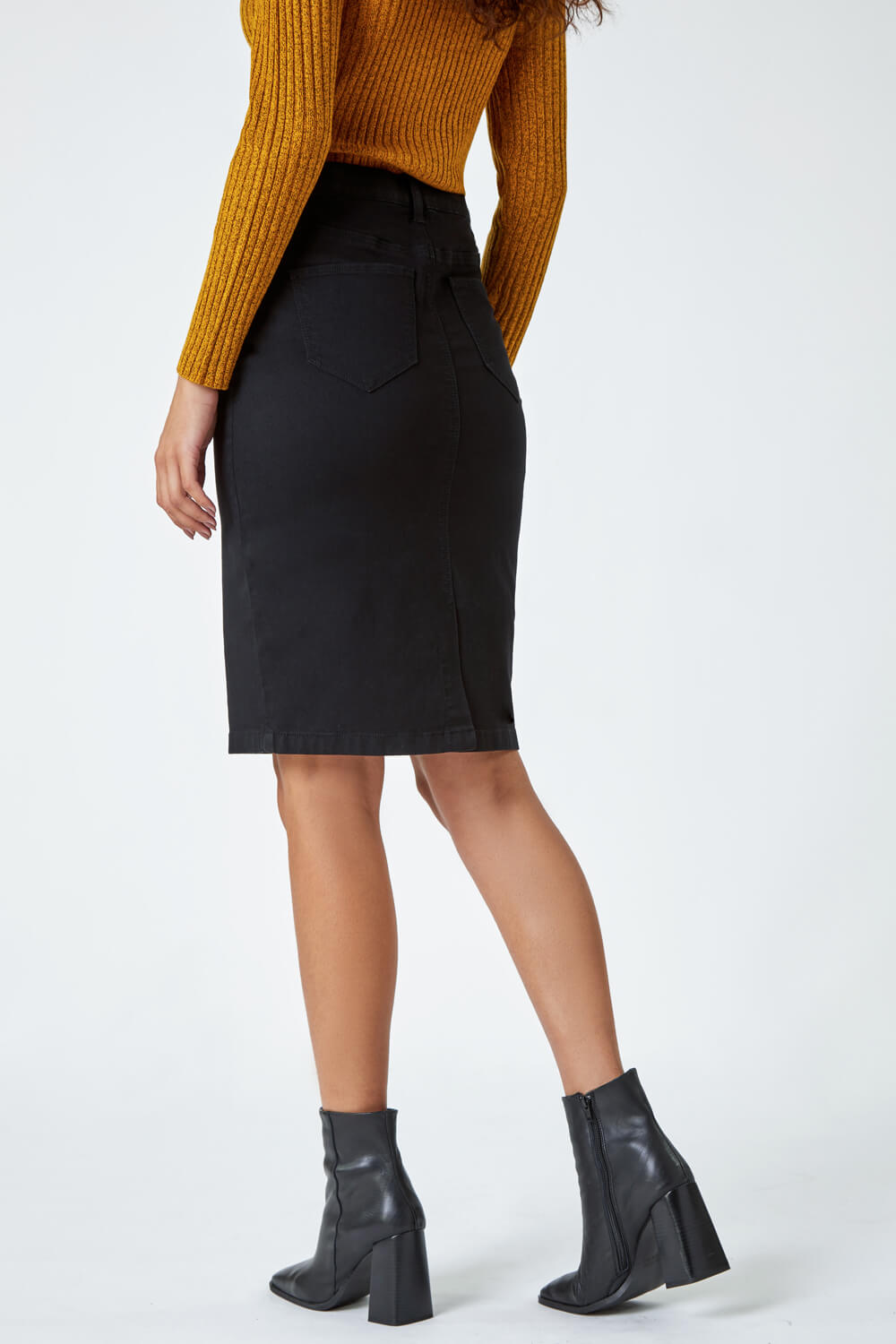 Black Cotton Denim Stretch Skirt, Image 3 of 5