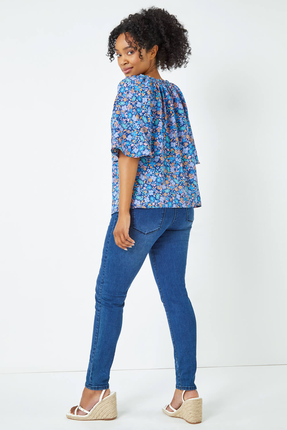 Blue Petite Frill Neck Floral Top, Image 3 of 5