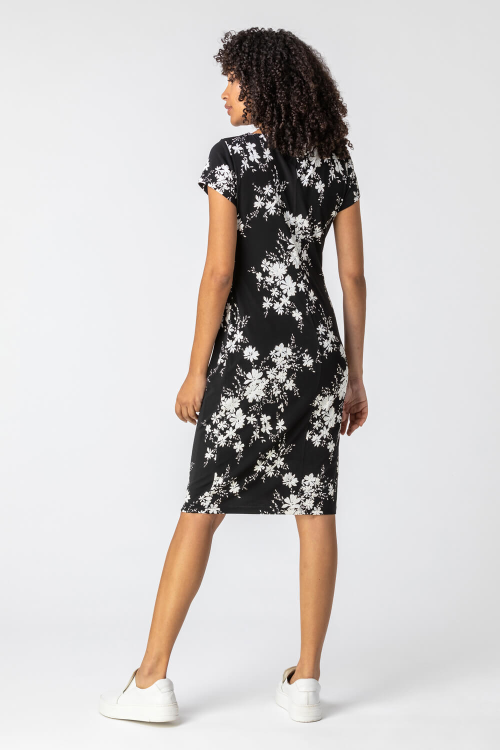 Black Floral Puff Print Side Ruched Dress, Image 2 of 4