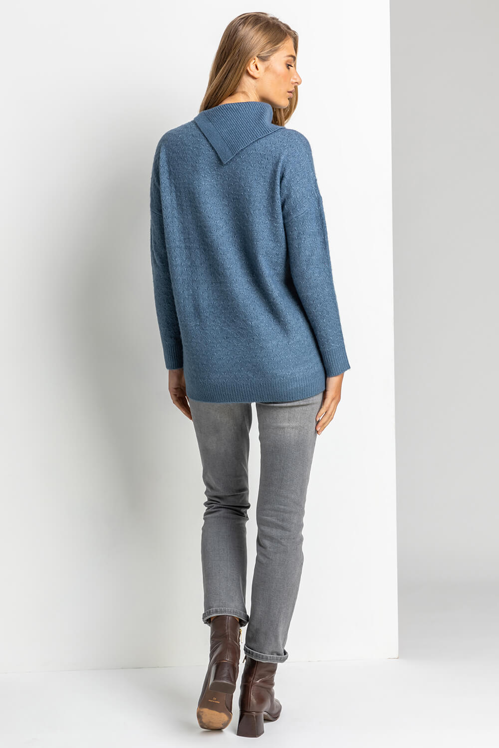 Blue Textured Cowl Neck Button Jumper, Image 2 of 5