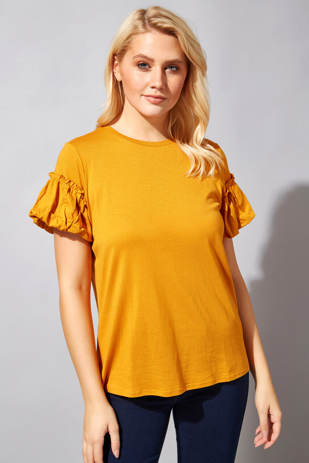 Frill Puff Sleeve T-Shirt in Amber - Roman Originals UK
