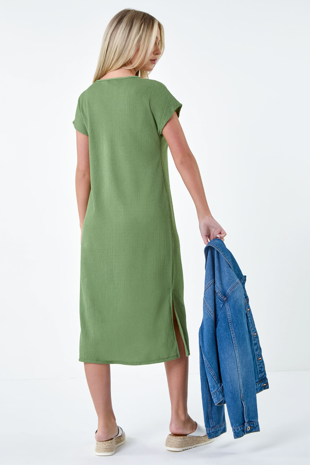 KHAKI Petite Textured T-Shirt Stretch Midi Dress, Image 3 of 5