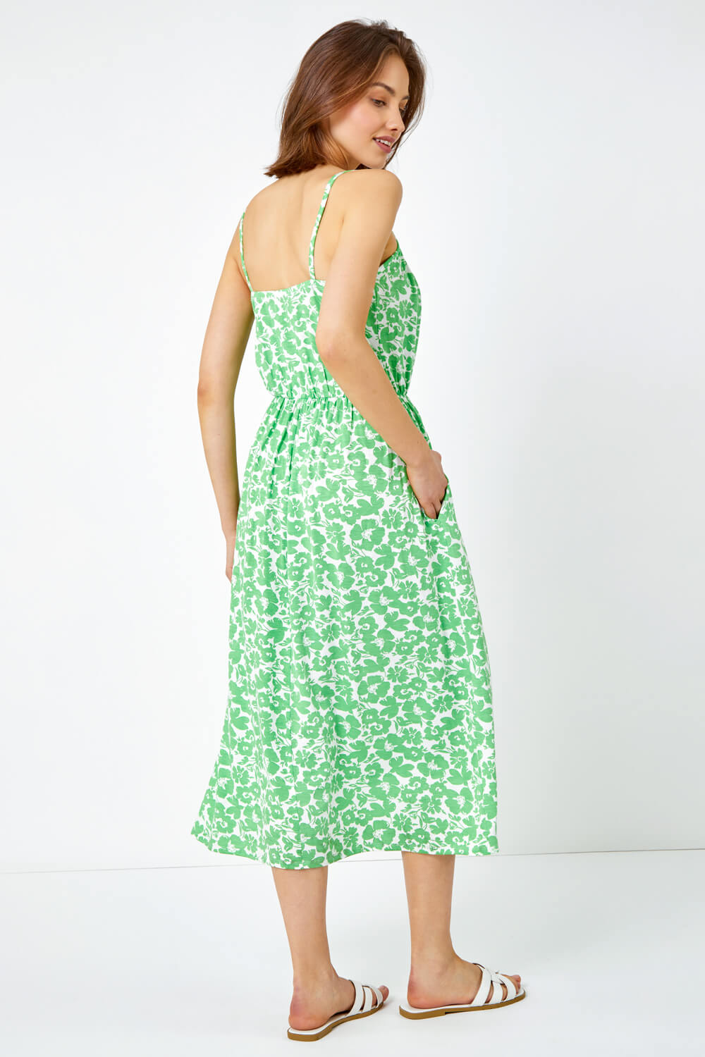 Green Strappy Floral Tie Detail Midi Dress, Image 3 of 5