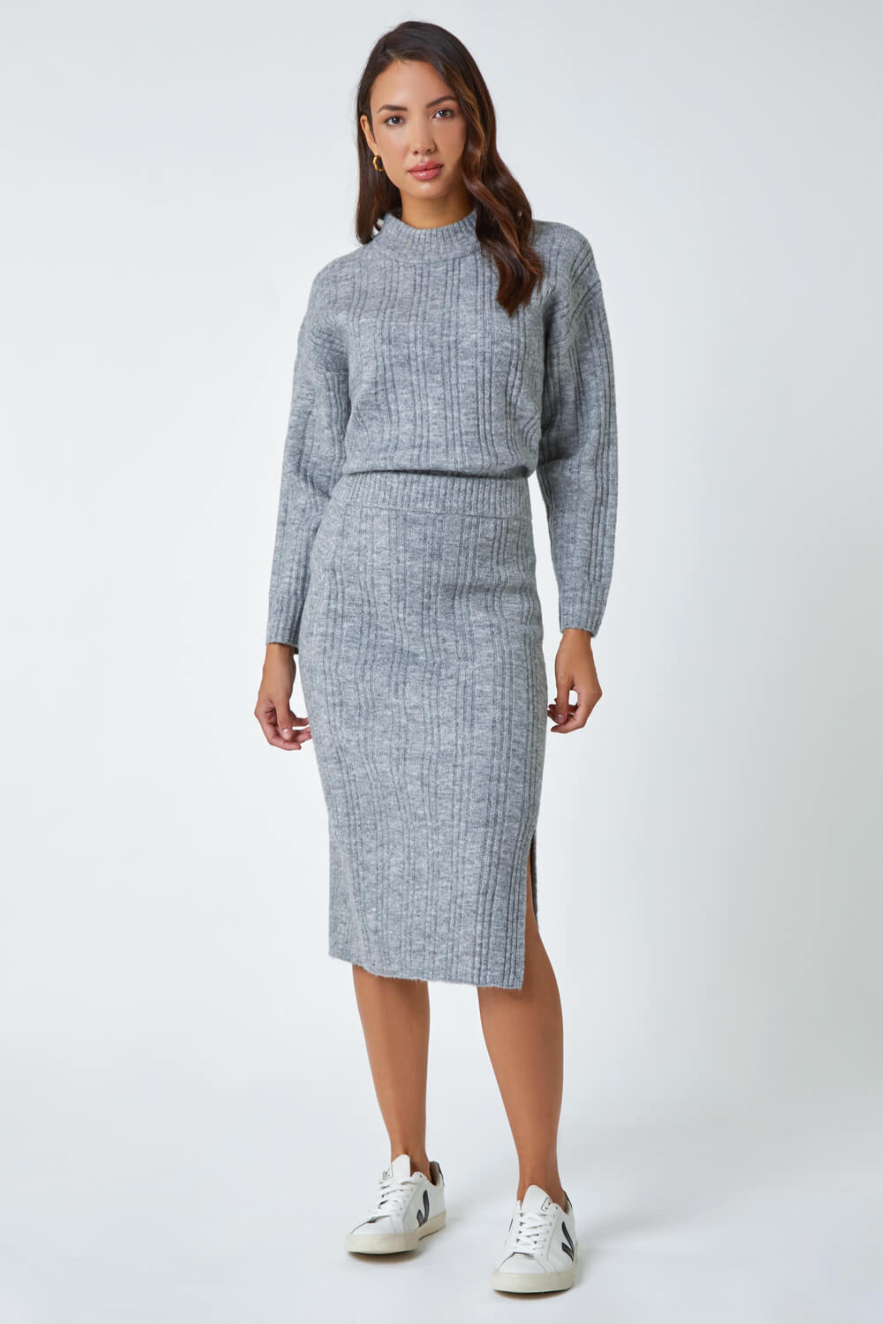 Grey Ribbed Side Split Knit Pencil Skirt, Image 2 of 5