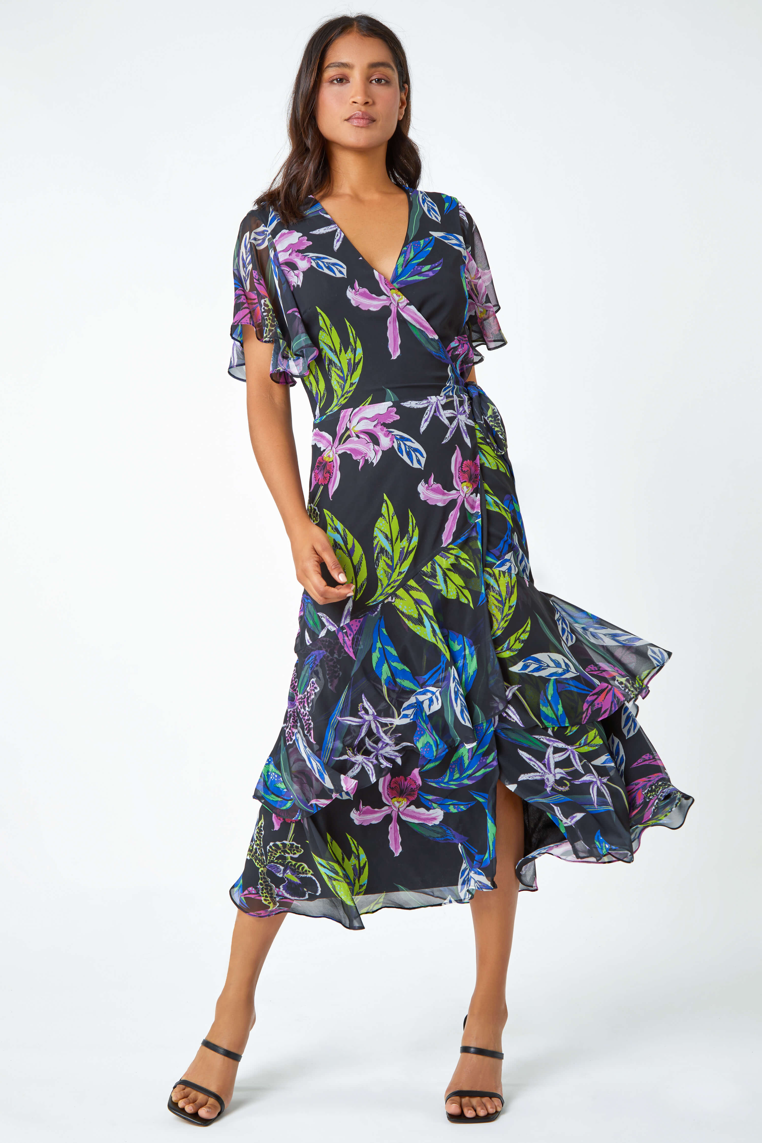 Black Tropical Print Tiered Midi Wrap Dress, Image 2 of 5