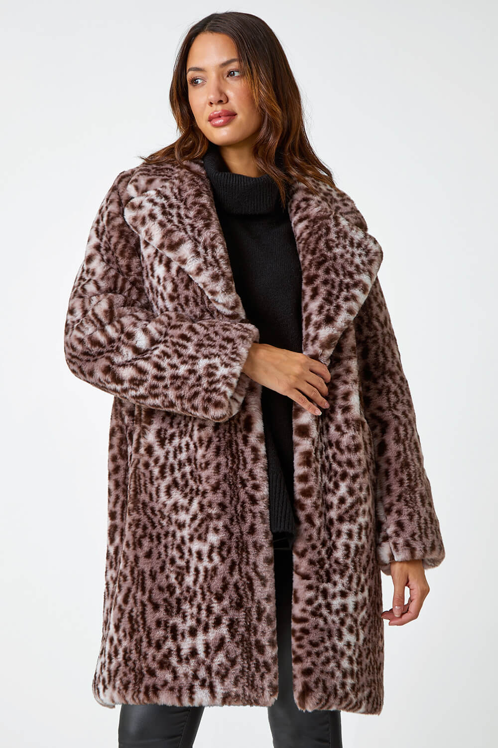 Taupe Premium Animal Print Faux Fur Coat | Roman UK