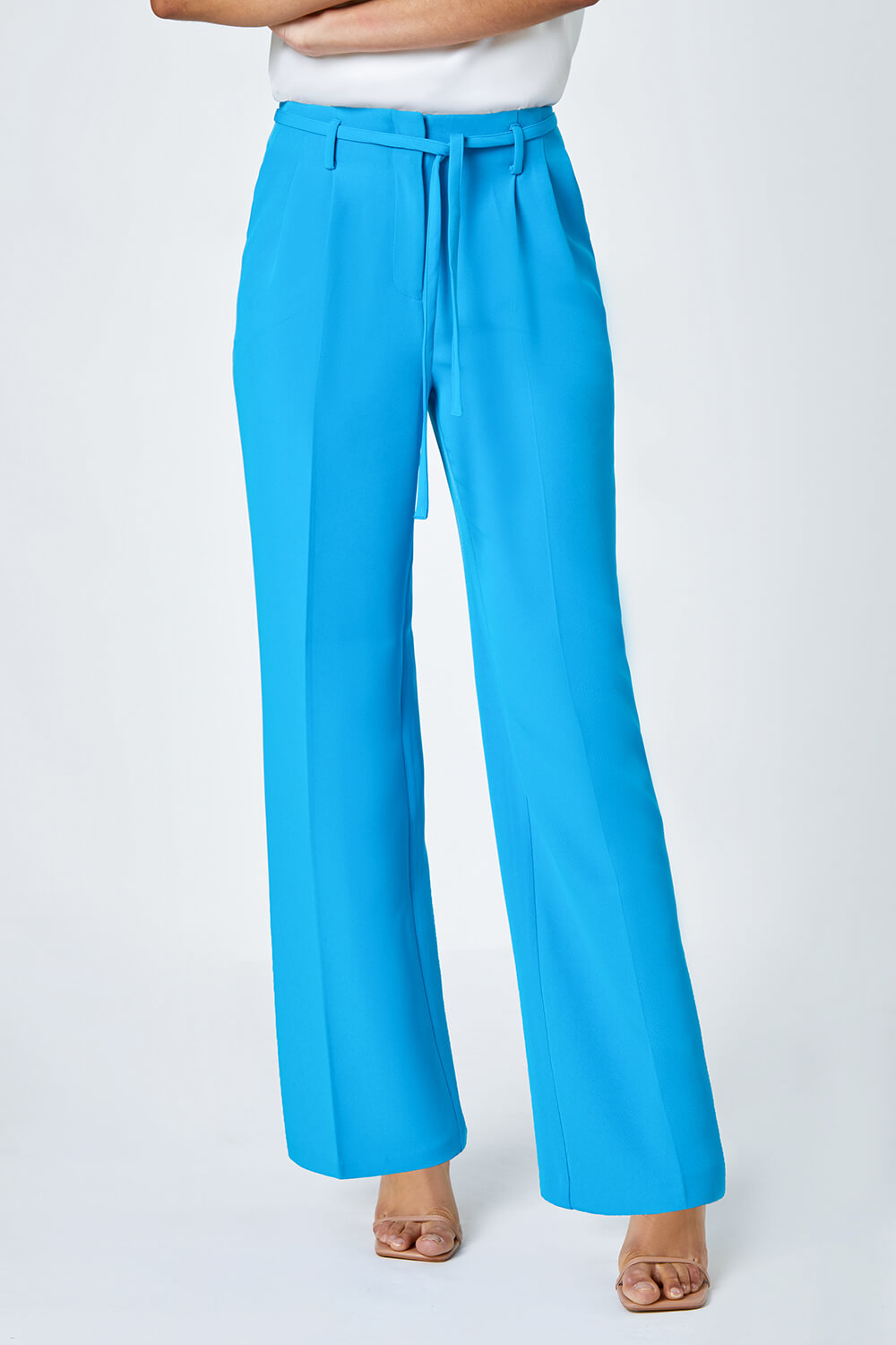 Turquoise Crepe Stretch Straight Leg Trousers, Image 4 of 5
