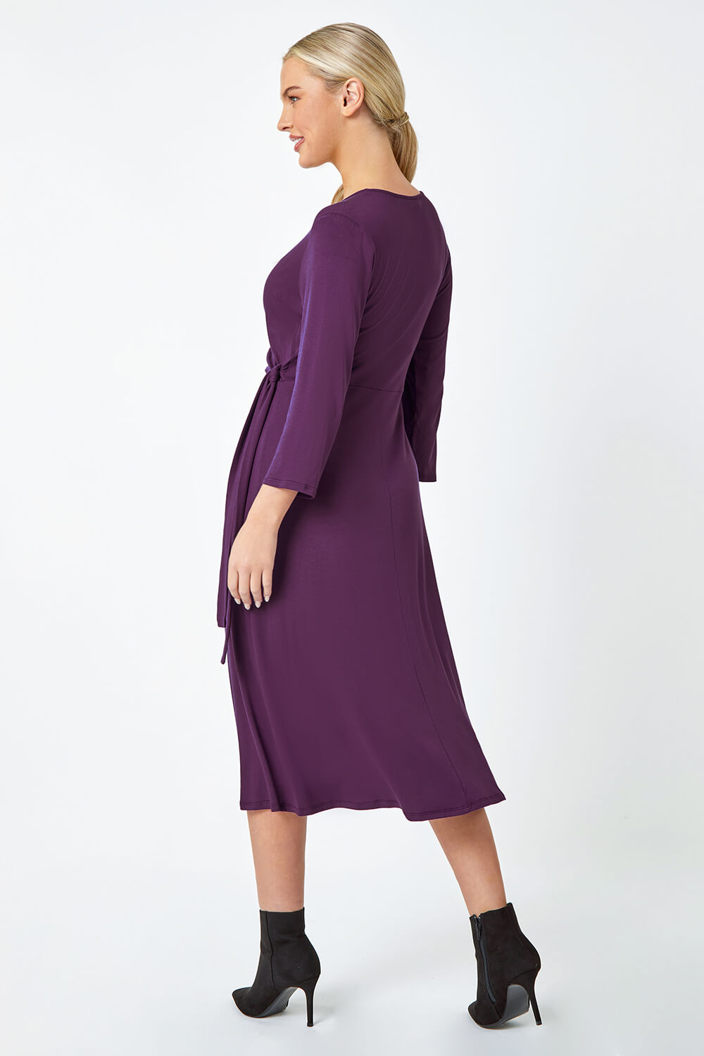 Purple Petite Plain Stretch Wrap Midi Dress, Image 3 of 5