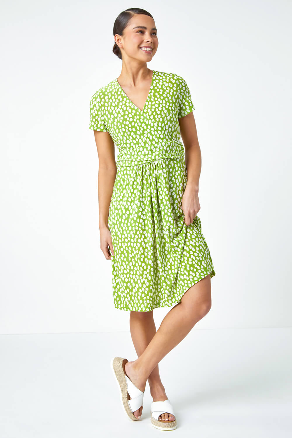 Lime Petite Spot Print Wrap Stretch Dress, Image 2 of 5