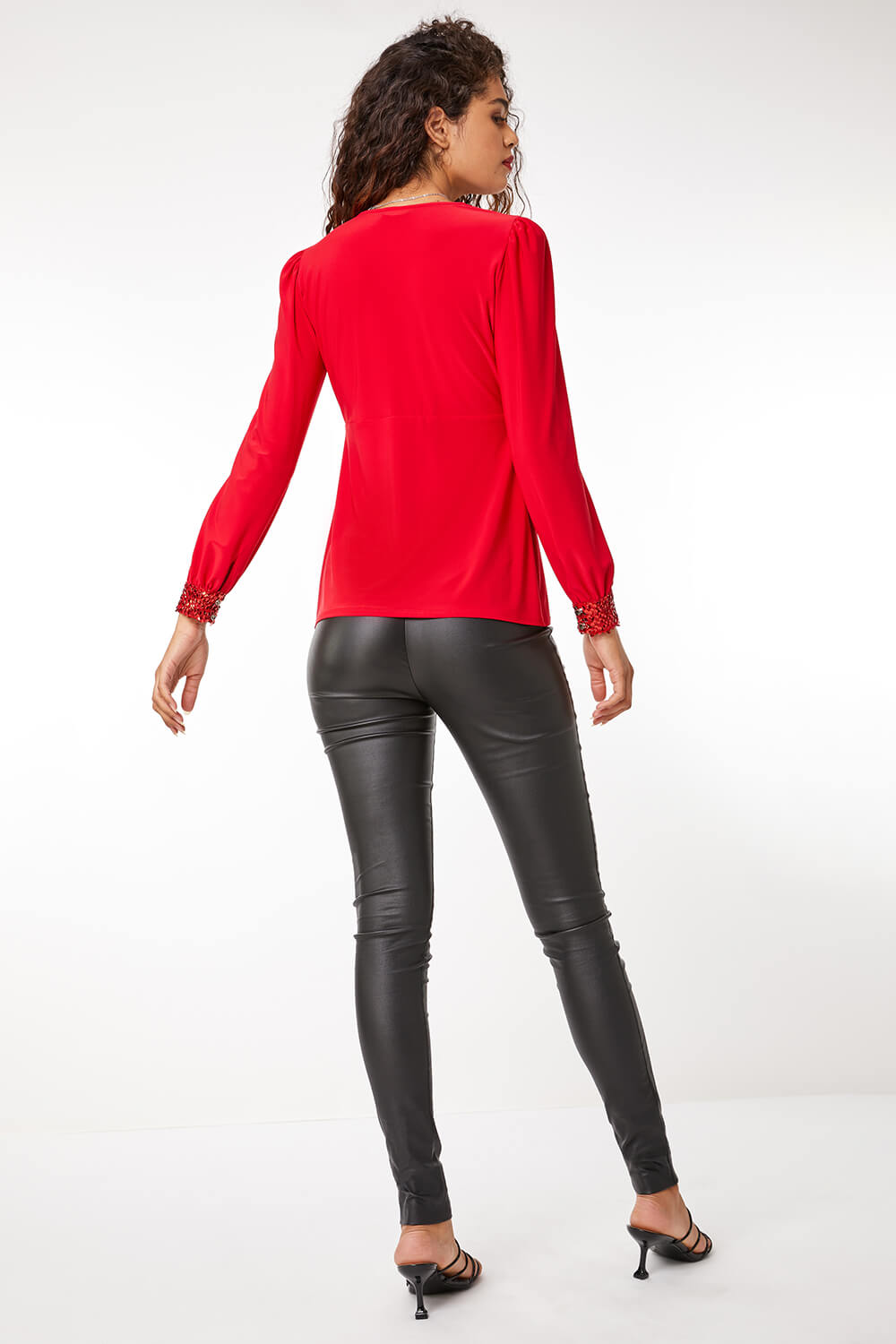 Red Sequin Trim Stretch Top, Image 3 of 5
