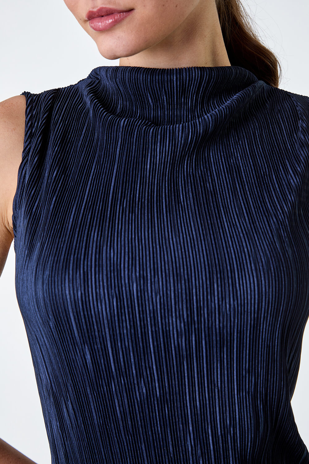 Navy  Plisse High Neck Stretch Top, Image 5 of 5