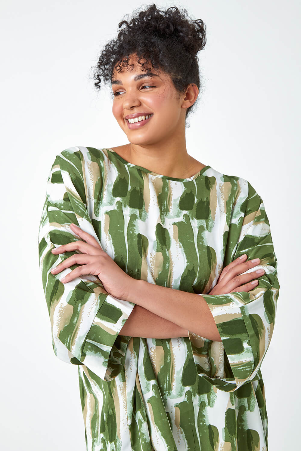 Green Curve Dipped Hem Abstract Print Top, Image 4 of 5