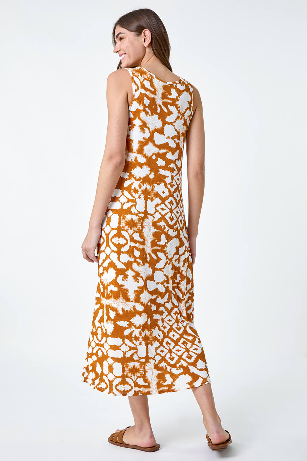Tan Tie Dye Stretch Pocket Midi Dress, Image 3 of 5