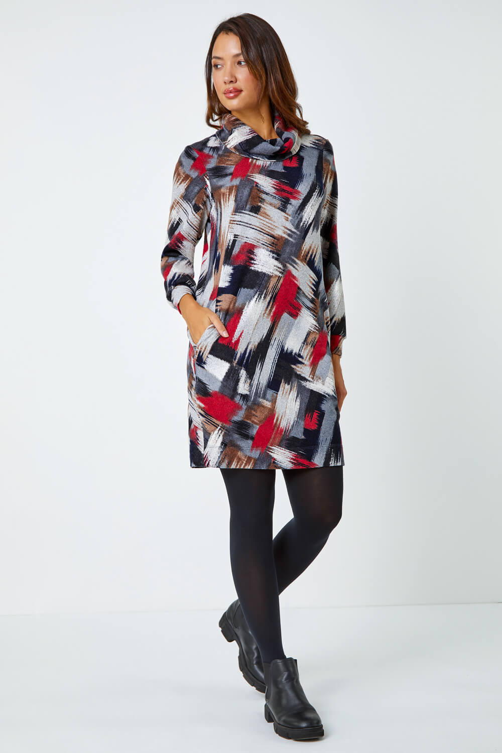Red Cowl Neck Abstract Print Stretch Dress, Image 2 of 5