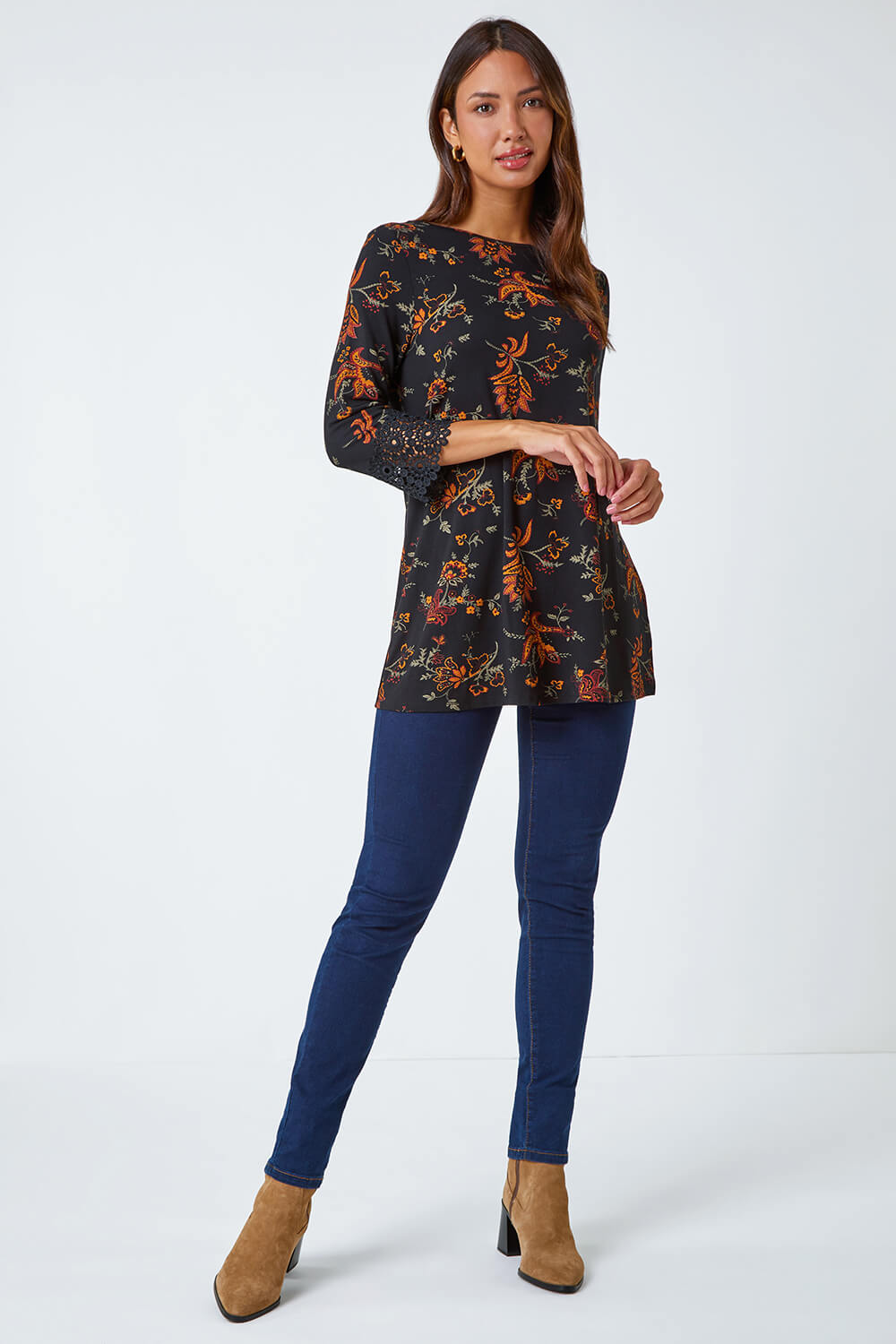 Ochre Paisley Print Lace Trim Stretch Top, Image 2 of 5