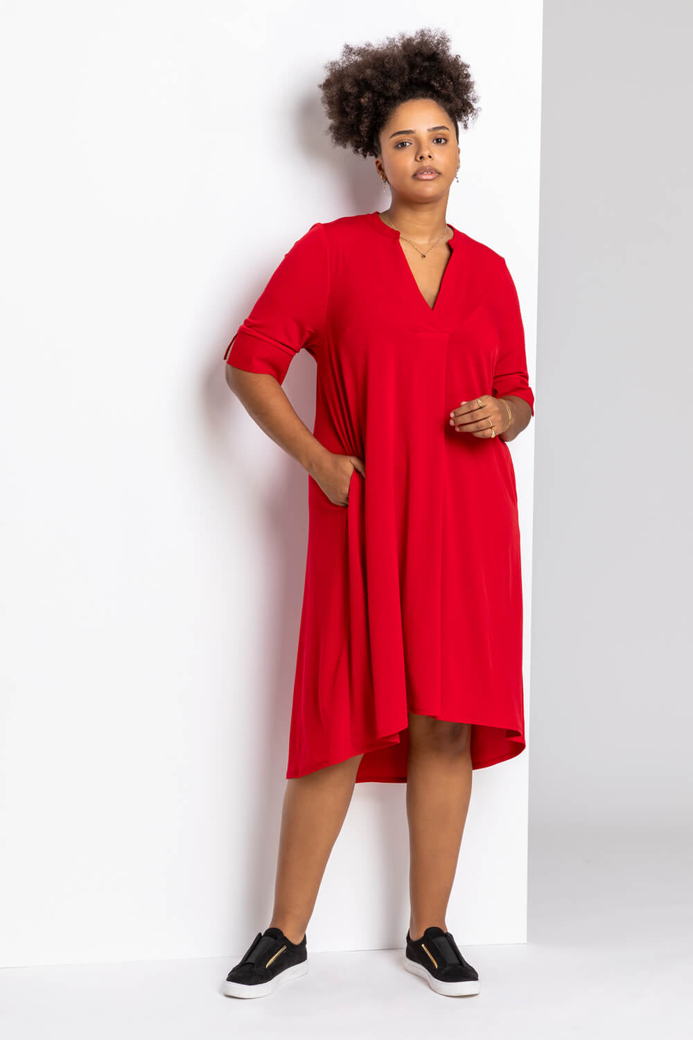 Red Curve Notch Neck Tunic Dress, Image 3 of 4