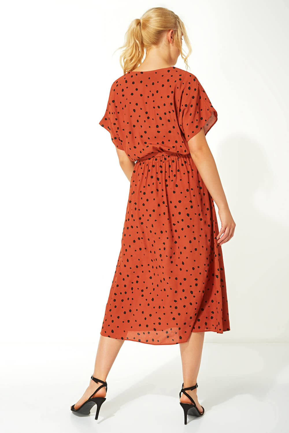 Rust Polka Dot Midi Tea Dress, Image 2 of 5
