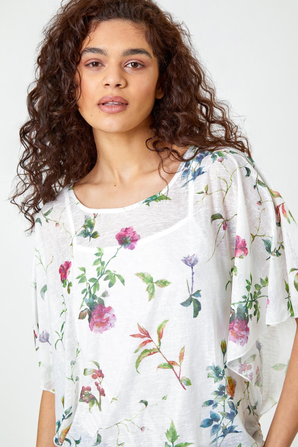 Ivory  Floral Print Ruched Batwing Top, Image 4 of 5