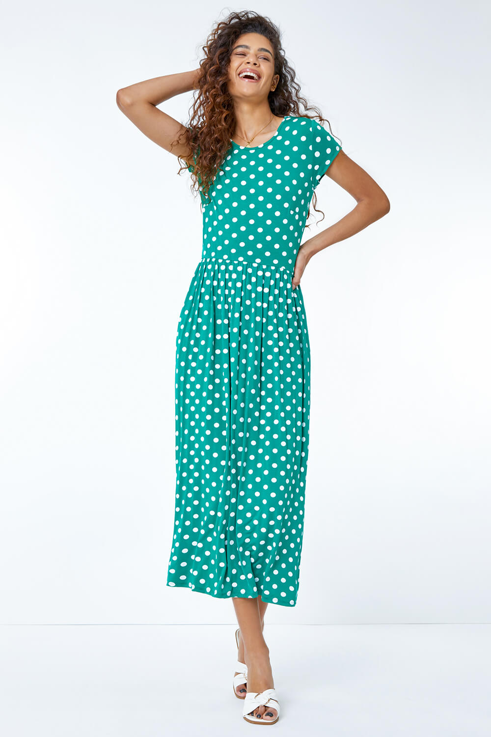 Green Spot Print Stretch Midi Dress, Image 3 of 5