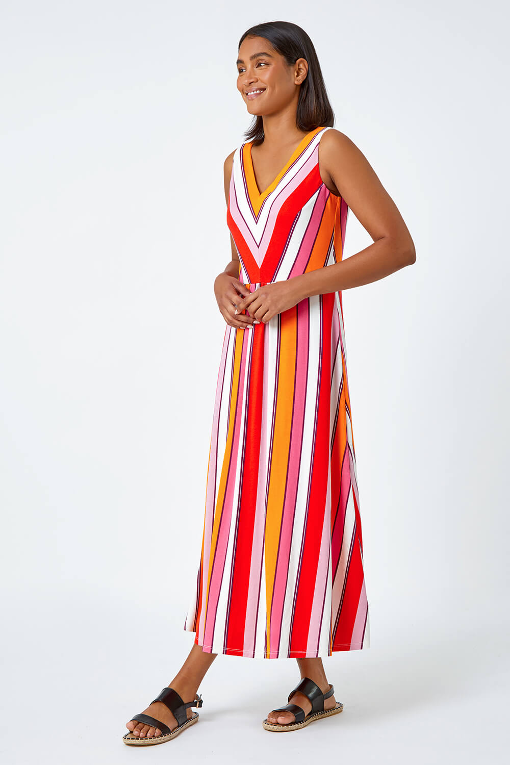 Sleeveless Stripe Print Midi Stretch Dress