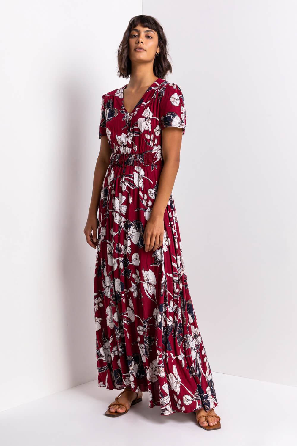 Bordeaux Floral Print Shirred Waist Maxi Dress, Image 3 of 5