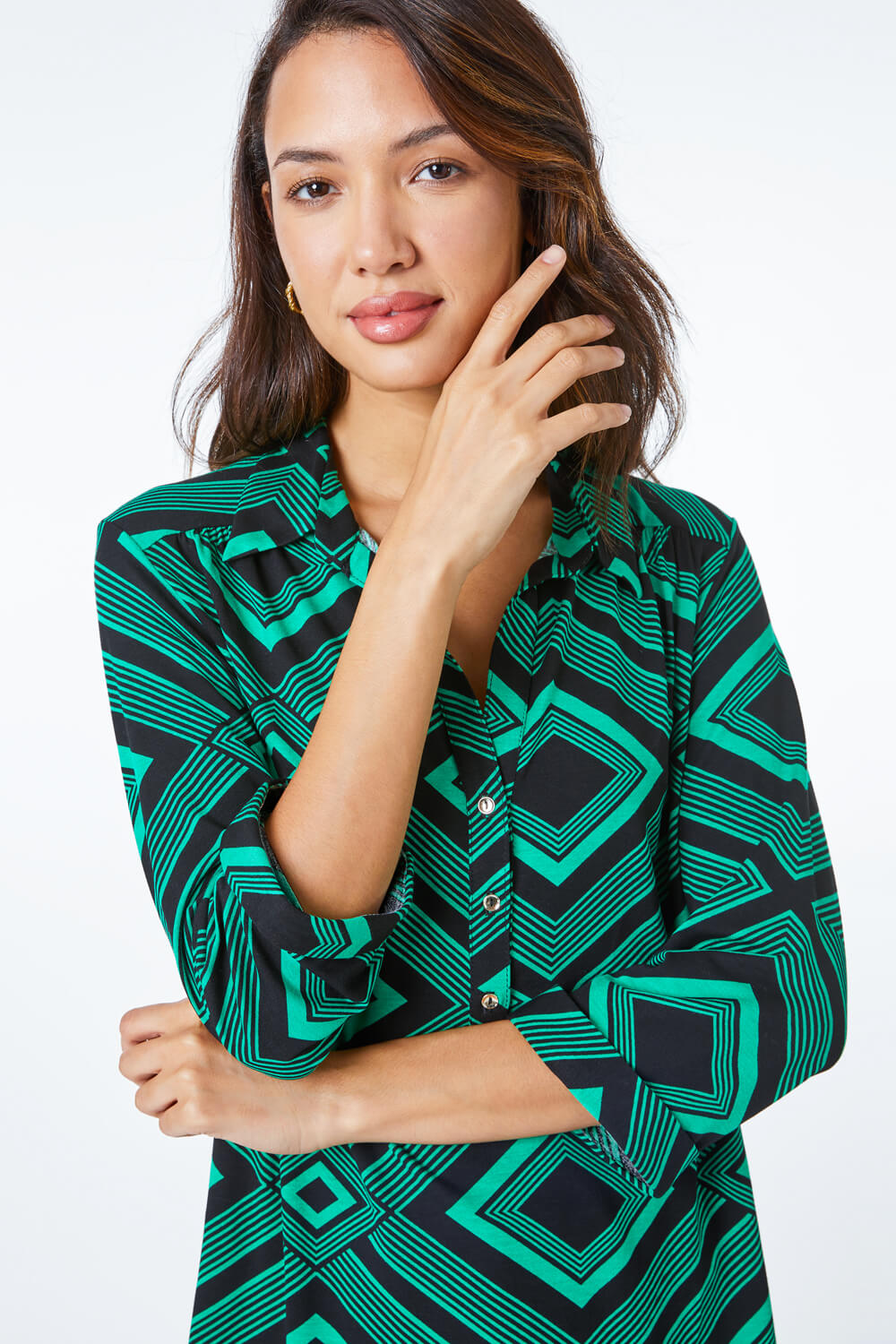 Green Geometric Stretch Jersey Shirt, Image 5 of 5