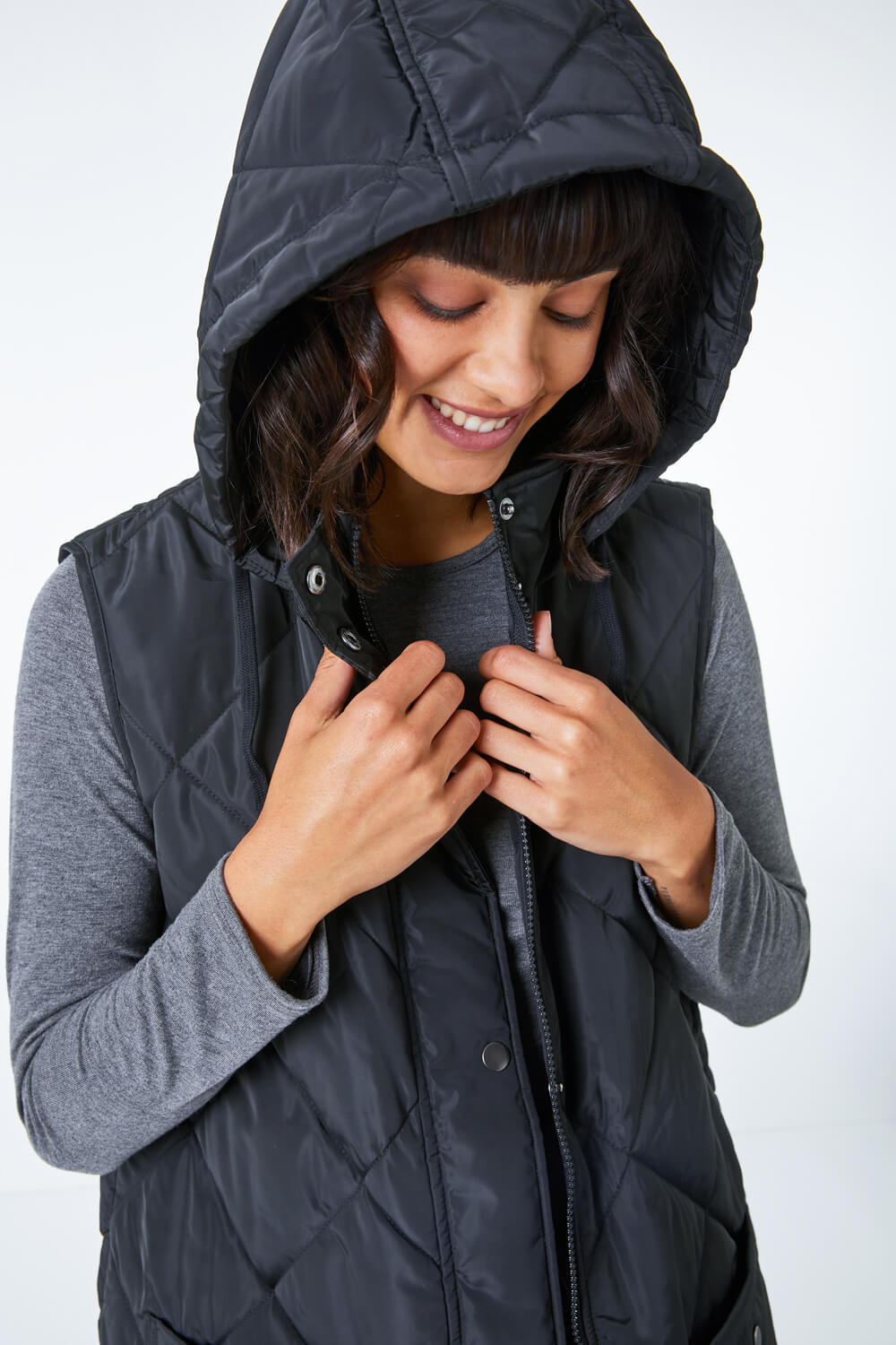 Black Quilted Longline Hooded Gilet , Image 5 of 6
