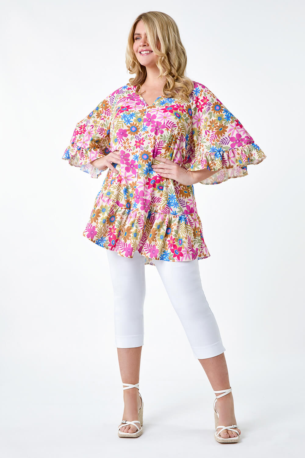 PINK Curve Floral Print Frill Detail Top, Image 2 of 5