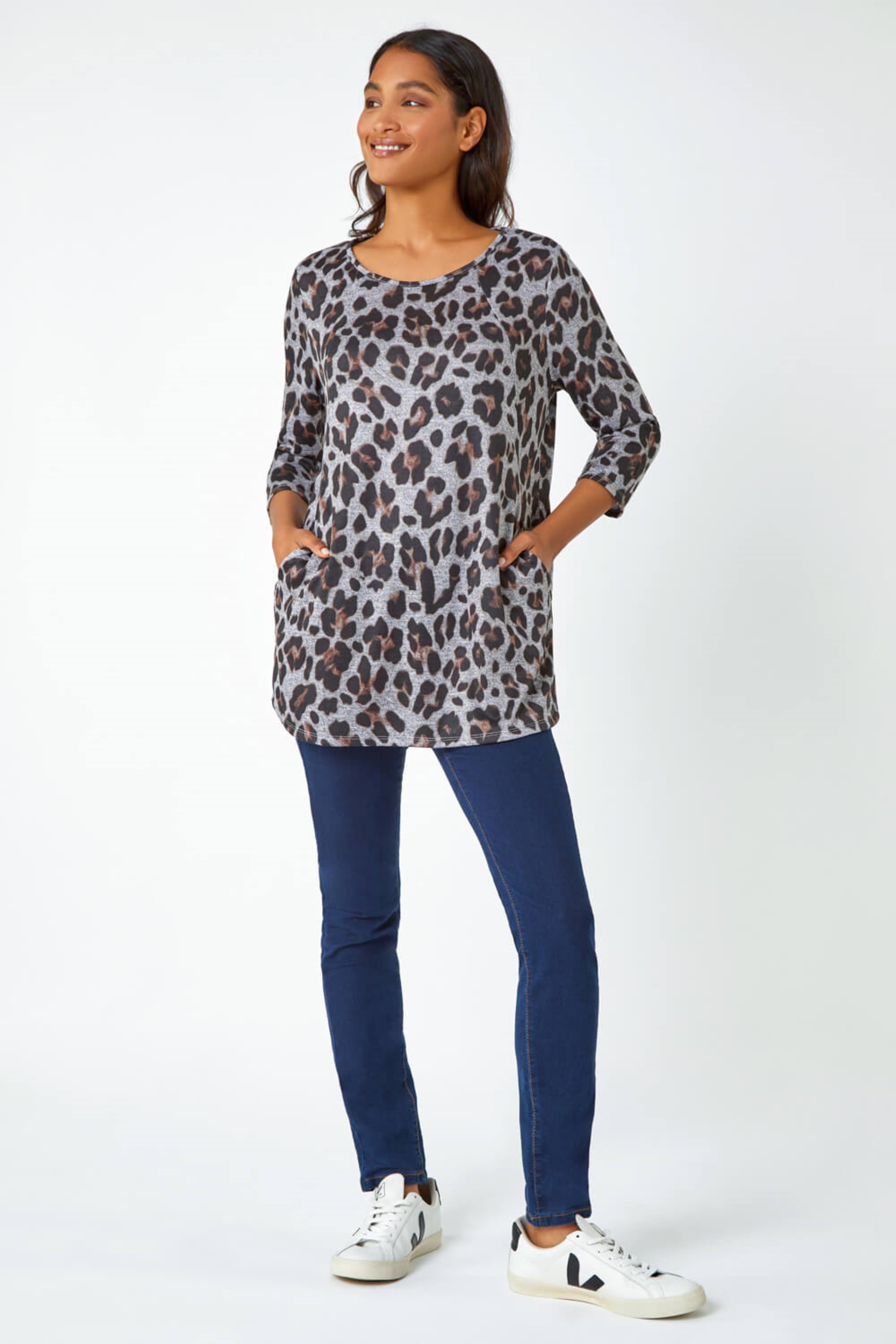 Neutral Animal Print Pocket Top with Snood, Image 2 of 5