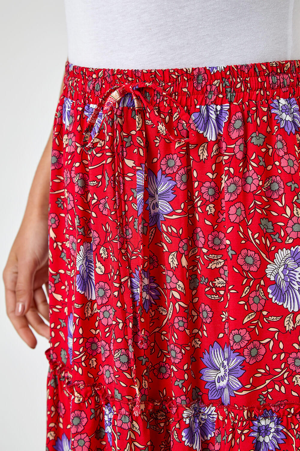 Red Boho Floral Print Tiered Maxi Skirt, Image 5 of 5