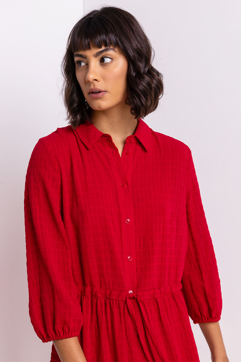 Red Tiered Textured Midi Shirt Dress, Image 4 of 5