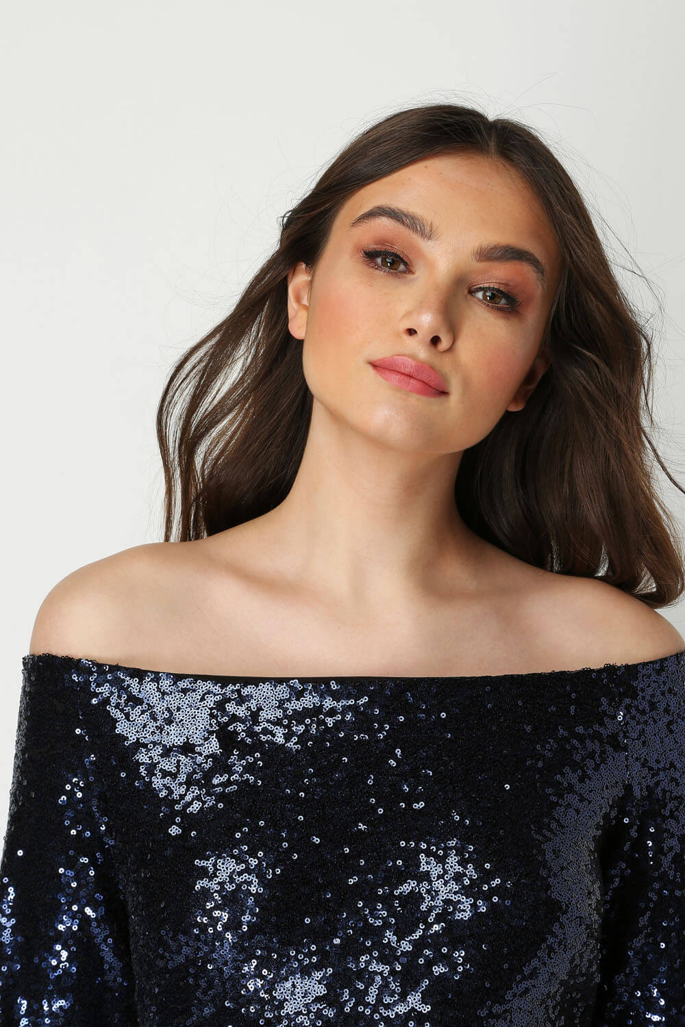Navy  Ombre Sequin Bardot Dress, Image 4 of 5