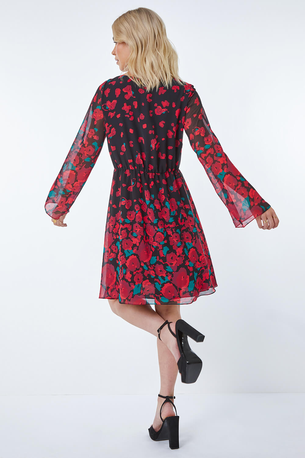 Red Rose Border Print Chiffon Dress, Image 3 of 5