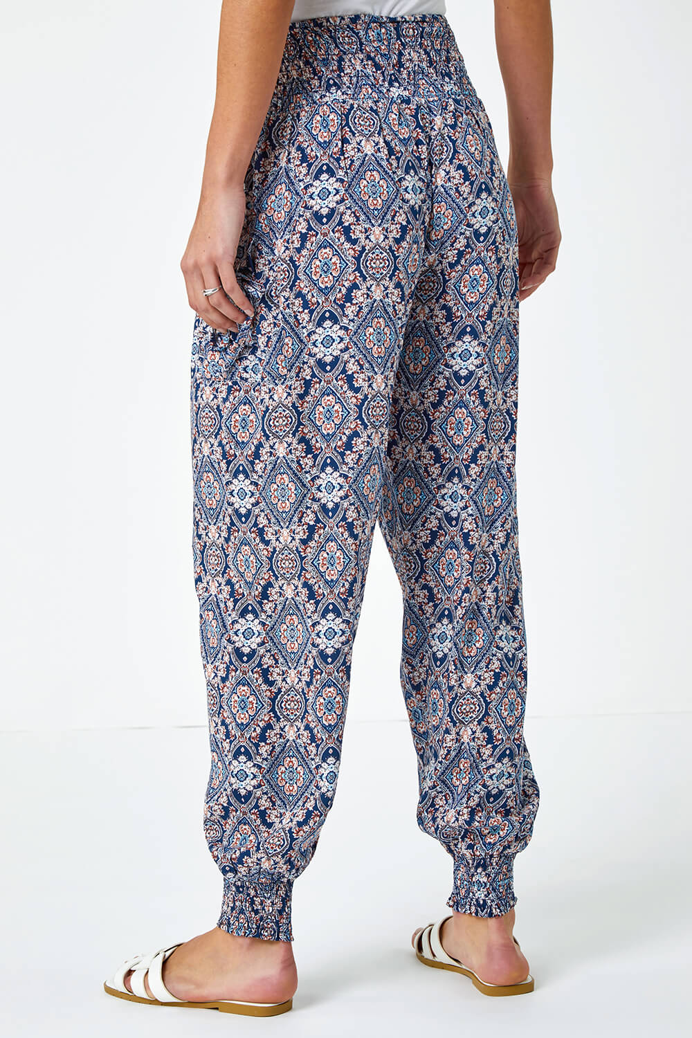 Navy  Paisley Print Shirred Hareem Trousers, Image 3 of 5