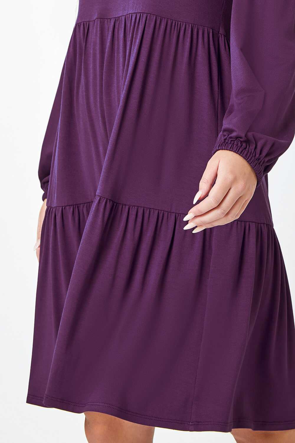 Purple Petite Plain Tiered Stretch Dress, Image 5 of 5