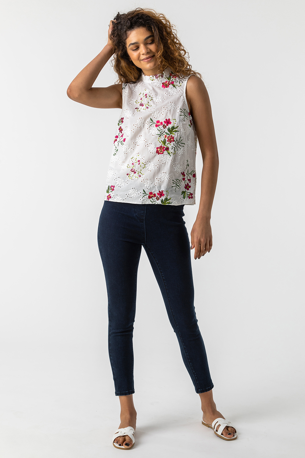 Ivory  Floral Embroidered Frill Neck Top, Image 3 of 4