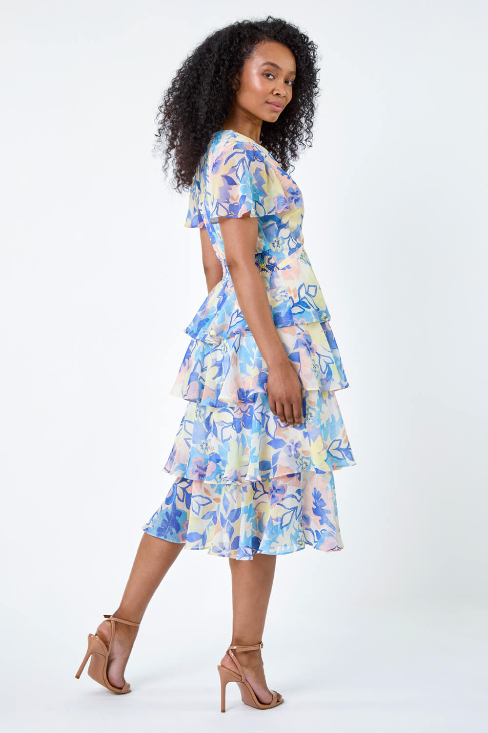 Lilac Petite Floral Print Tiered Midi Dress, Image 3 of 5