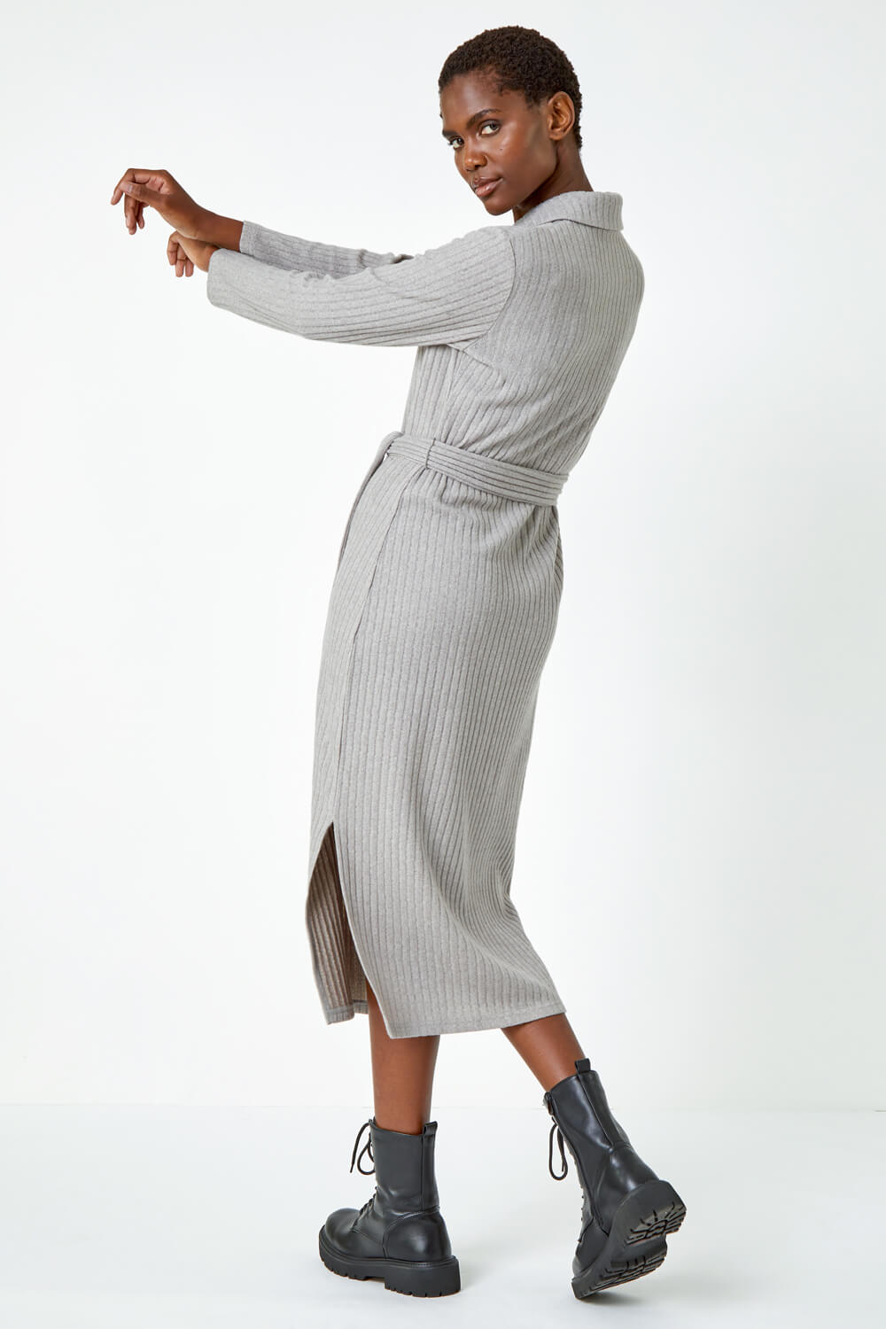 Grey Ribbed Midi Jumper Stretch Dress, Image 3 of 5