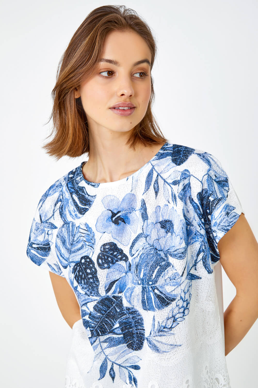 Blue Floral Print Lace Trim Stretch T-Shirt , Image 2 of 5