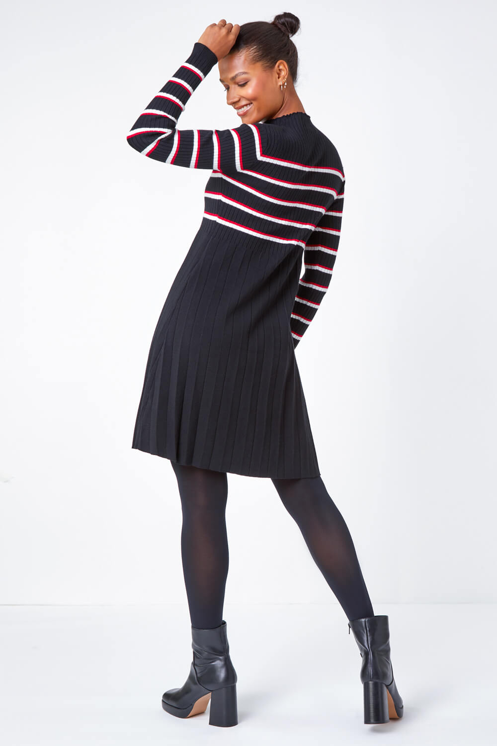 Black Stripe Print Pleated Jumper Dress, Image 3 of 5