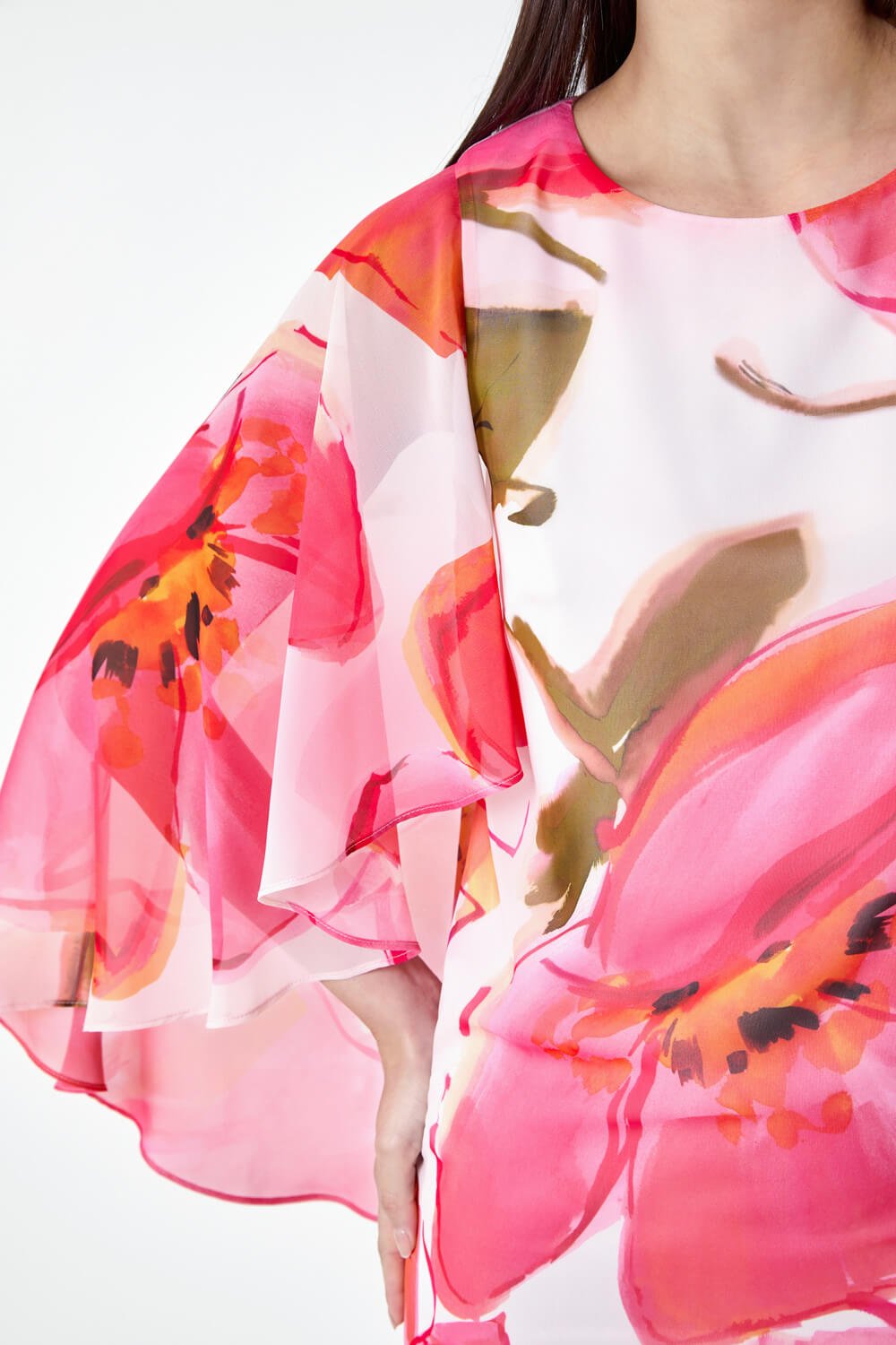 PINK Floral Print Chiffon Cape Dress, Image 5 of 5