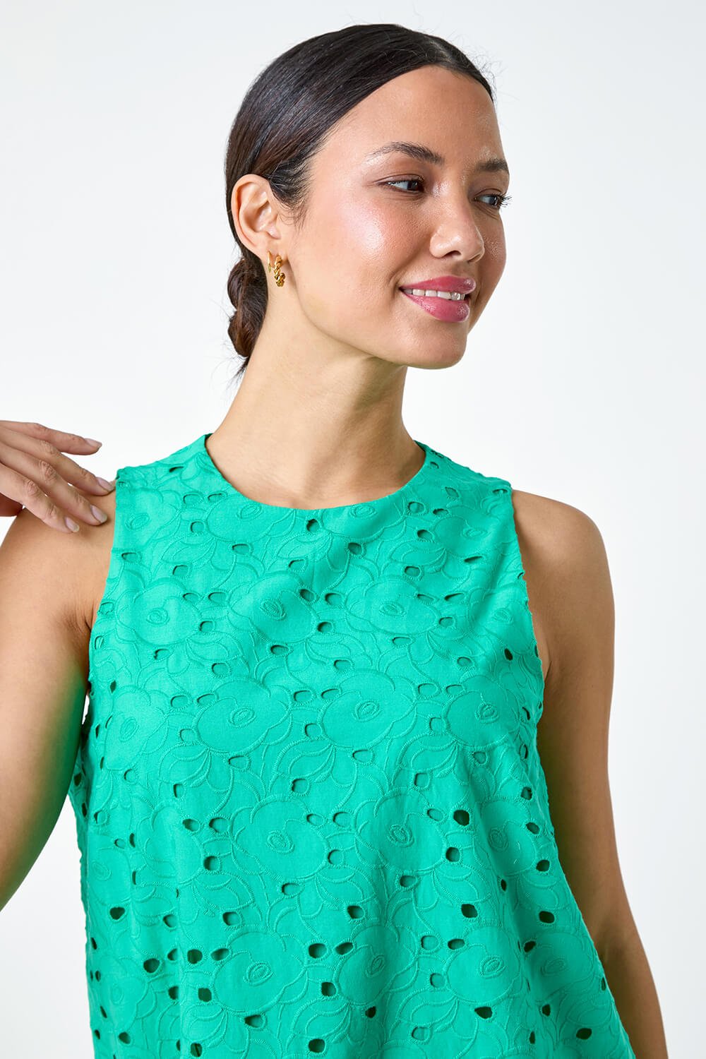 Green Cotton Embroidery Detail Shift Dress, Image 4 of 5